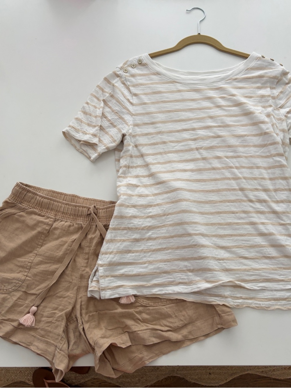 Spartina 449 Cream and Tan Striped Tee with Shoulder Buttons and Linen Shorts